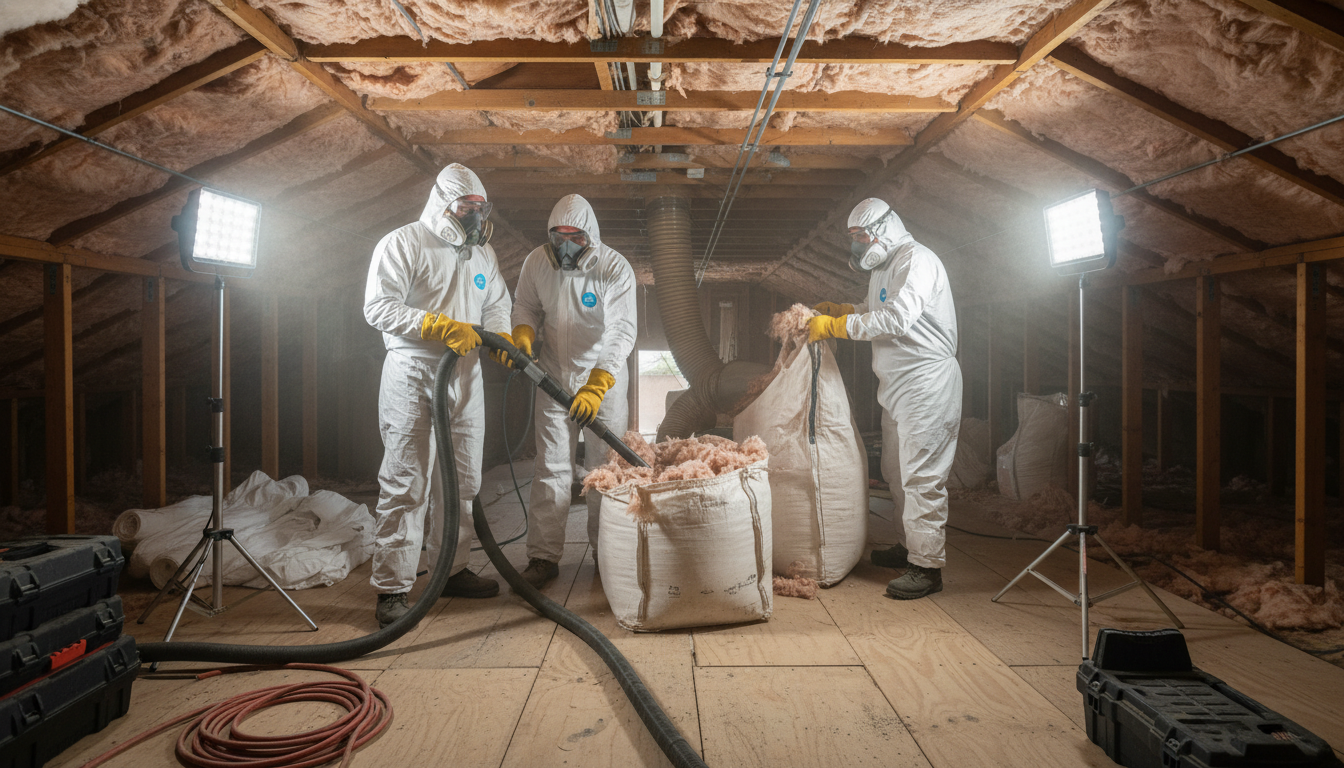 Professional insulation removal crew in Arizona attic